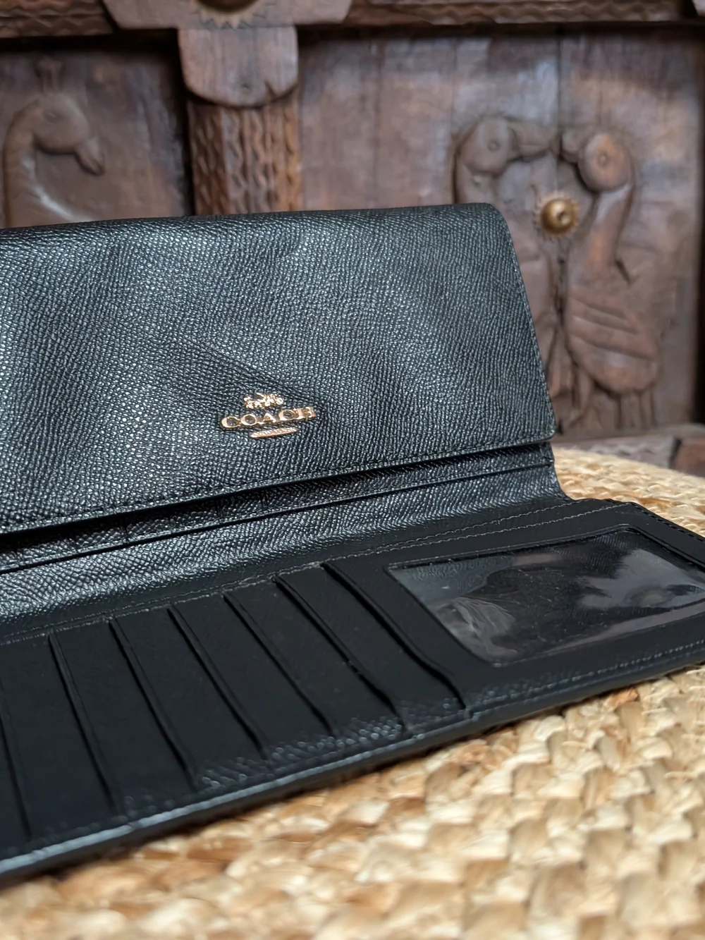 Coach Slim Trifold Wallet Black Crossgrain Leather Long Wallet